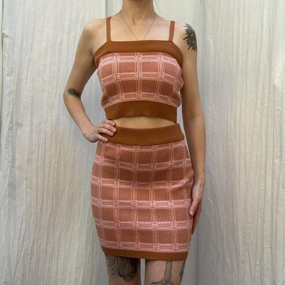 Pink and Tan Brown Plaid Tartan Knit Skirt Set- Cropped Tank Top and Skirt - Picture 2 of 8